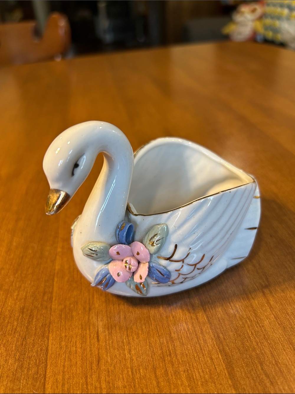 White Porcelain Swan Trinket Dish with Floral Accent